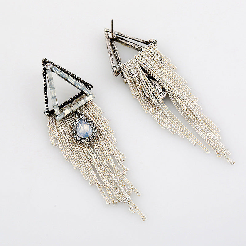 Wholesale Vintage long drop earrings with diamond-studded triangular water droplet tassels